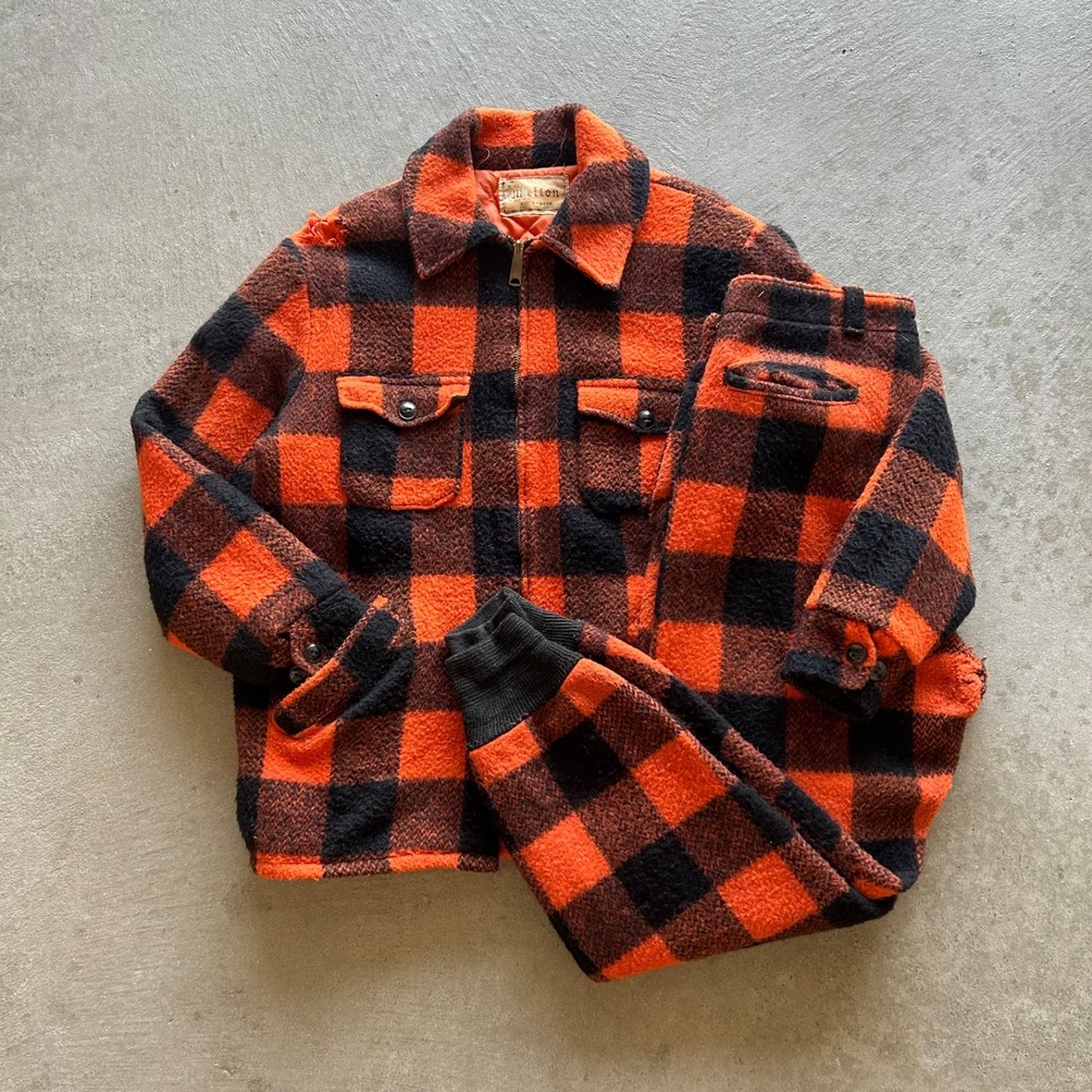 Vintage 60s Melton Wool Hunting Jacket Pants Set Size Large Orange Black Plaid